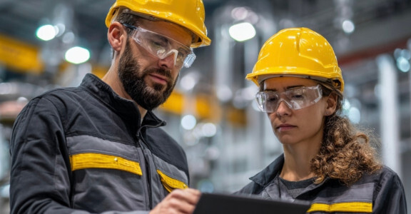 Homme et femme avec casque de chantier